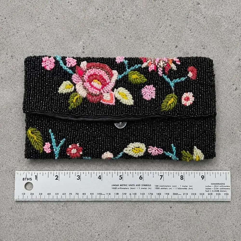 Vintage Black Beaded Floral Clutch Purse Evening Bag Boho